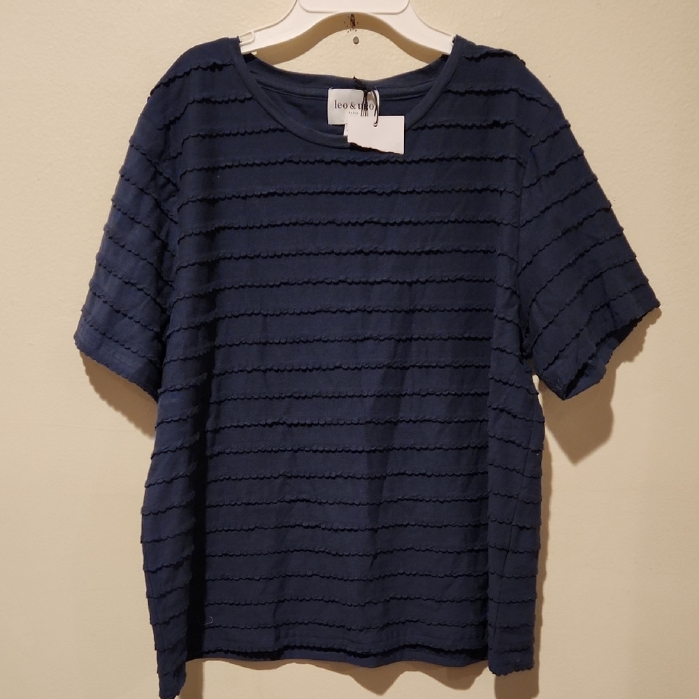 ❤️ NWT! LEO & UGO PARIS TEXTURED  STRIPE BLUE COTTON TEE / TOP, 4